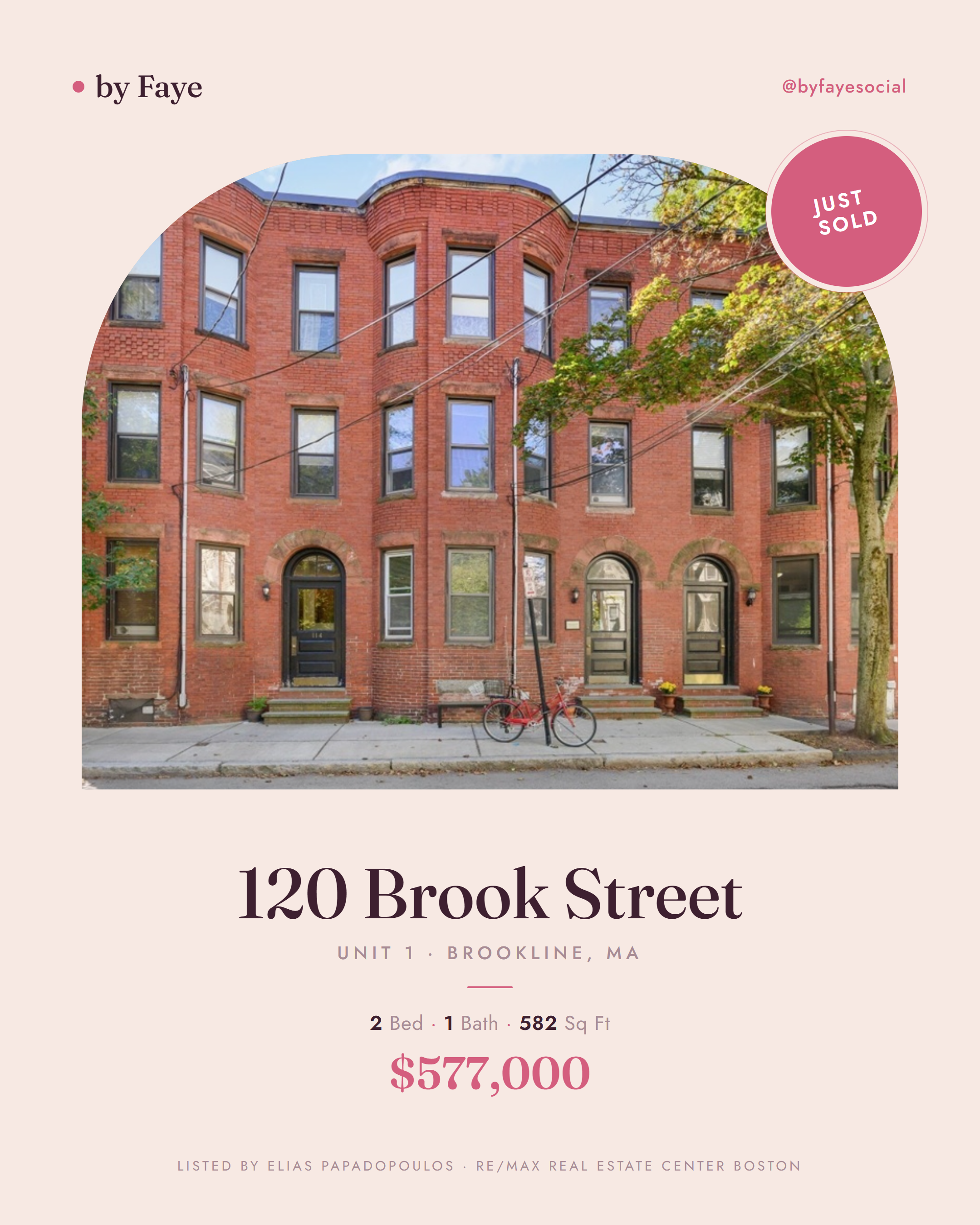 Just Sold post for 120 Brook Street, Brookline